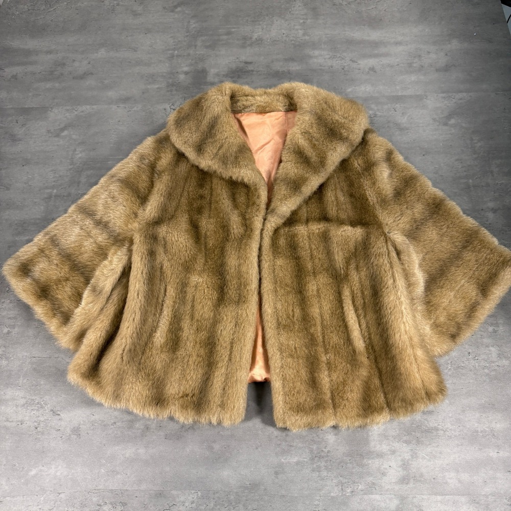 Vintage Sears Faux Fur Cape Poncho Women OS Brown Shawl Collar Evening Jacket